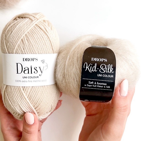 Yarn combinations skeins of DROPS Daisy 02, marcipan																	+ DROPS Kid-Silk 56, marsipan