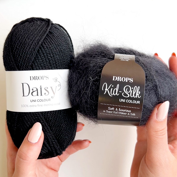 Yarn combinations skeins of DROPS Daisy 03, sort																	+ DROPS Kid-Silk 02, sort