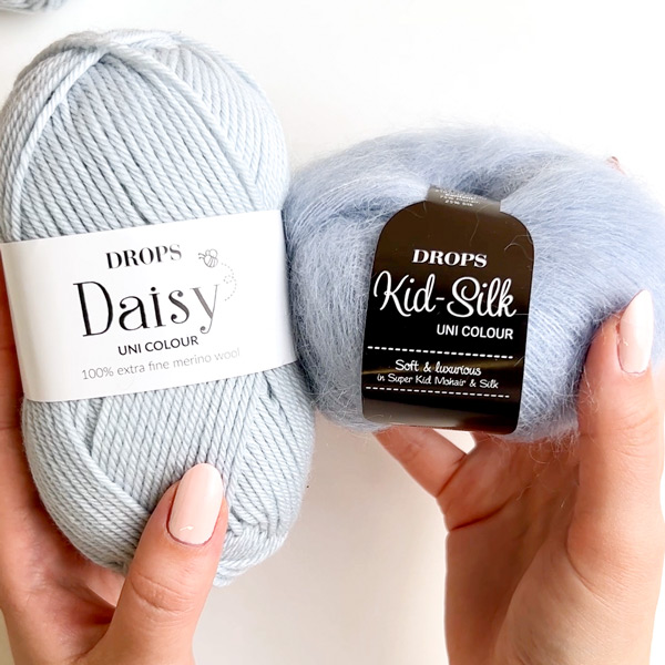 Yarn combinations skeins of DROPS Daisy 09, isblå																	+ DROPS Kid-Silk 06, blå tåge