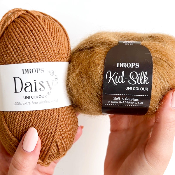 Yarn combinations skeins of DROPS Daisy 12, karamel																	+ DROPS Kid-Silk 50, karamel
