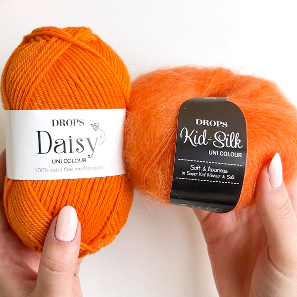 Yarn combinations skeins of DROPS Daisy 23, orange																	+ DROPS Kid-Silk 49, elektrisk orange