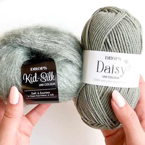 Yarn combinations skeins of DROPS Daisy 26, salviegrøn																	+ DROPS Kid-Silk 34, salvie grøn