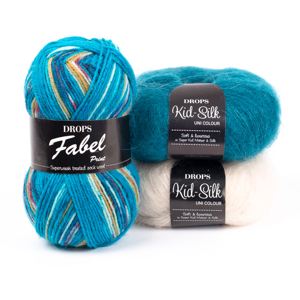 Yarn combinations skeins of DROPS Fabel 162, blue sea																	+ DROPS Kid-Silk 24, petrol+ DROPS Kid-Silk 56, marzipan
