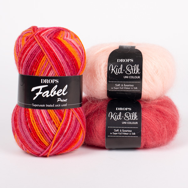 Yarn combinations skeins of DROPS Fabel 310, sunset																	+ DROPS Kid-Silk 32, raspberry+ DROPS Kid-Silk 53, light peach