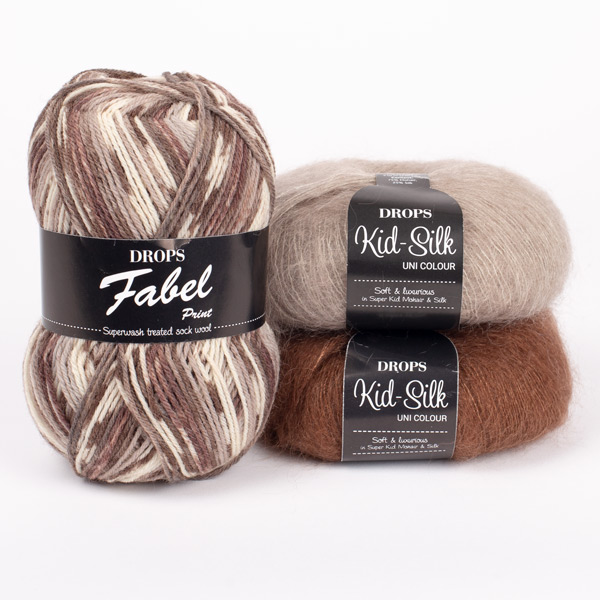 Yarn combinations skeins of DROPS Fabel 912, soft chocolate																	+ DROPS Kid-Silk 12, beige+ DROPS Kid-Silk 35, chocolate