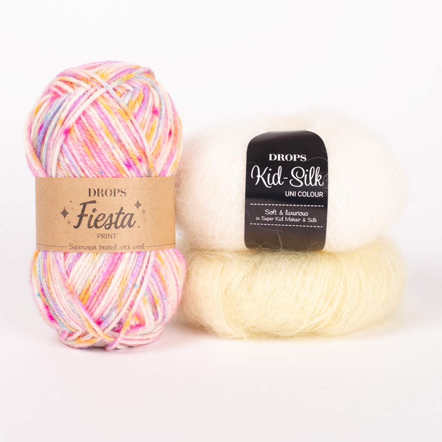 Yarn combinations skeins of DROPS Fiesta 14, regnbue strøssel																	+ DROPS Kid-Silk 01, natur+ DROPS Kid-Silk 52, limonade