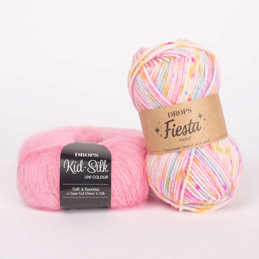 Yarn combinations skeins of DROPS Fiesta 14, rainbow sprinkles 
											+ DROPS Kid-Silk 62, strawberry ice cream