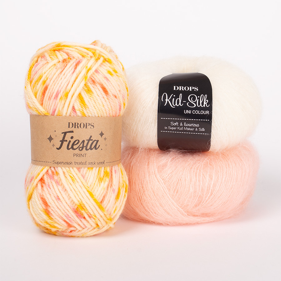 Yarn combinations skeins of DROPS Fiesta 17, solskinn																	+ DROPS Kid-Silk 01, natur+ DROPS Kid-Silk 53, lys fersken