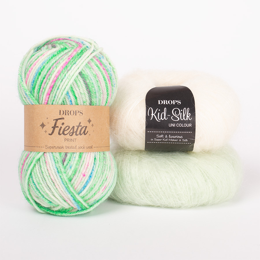 Yarn combinations skeins of DROPS Fiesta 18, vannmelon																	+ DROPS Kid-Silk 01, natur+ DROPS Kid-Silk 47, pistasjis