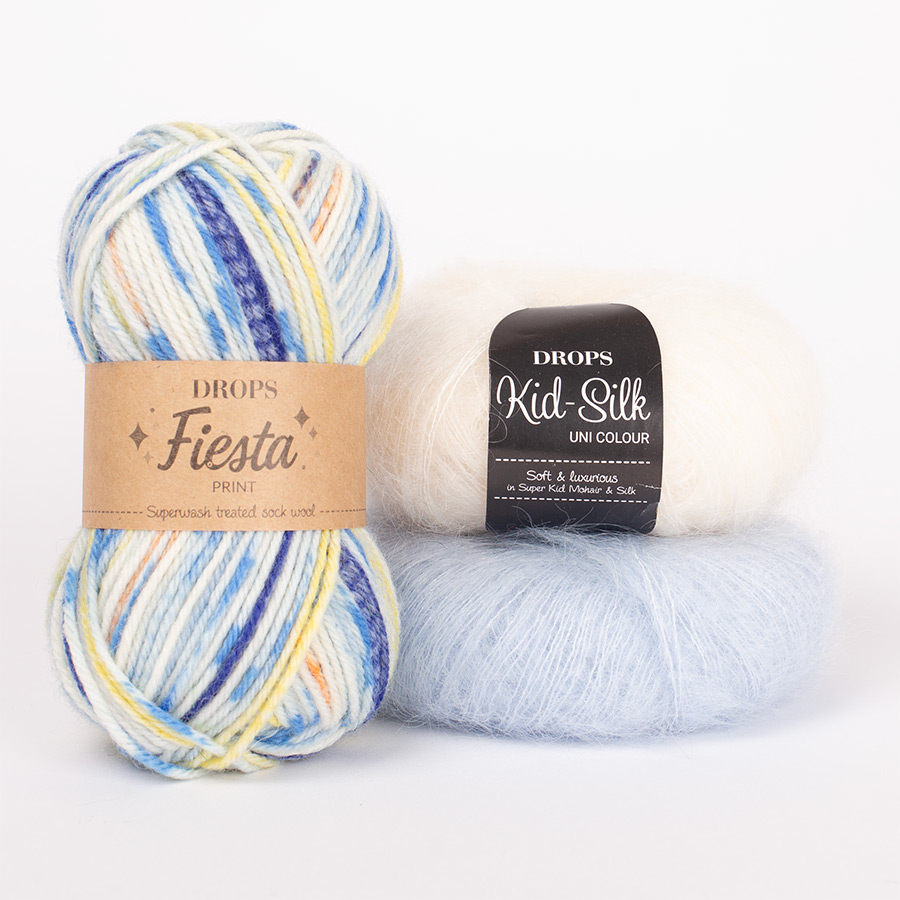 Yarn combinations skeins of DROPS Fiesta 21, sjøkaptein																	+ DROPS Kid-Silk 01, natur+ DROPS Kid-Silk 07, lys himmelblå