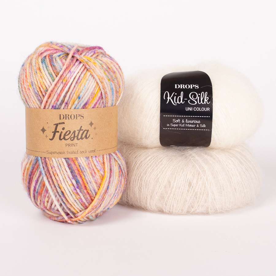 Yarn combinations skeins of DROPS Fiesta 22, eventyr																	+ DROPS Kid-Silk 01, natur+ DROPS Kid-Silk 56, marsipan