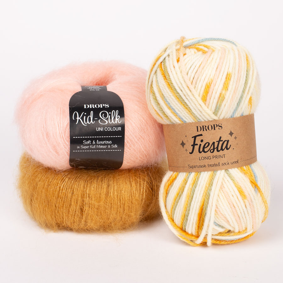 Yarn combinations skeins of DROPS Fiesta 25, spring morning 
											+ DROPS Kid-Silk 30, curry + DROPS Kid-Silk 53, light peach