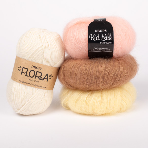 Yarn combinations skeins of DROPS Flora 01, naturaalvalge																	+ DROPS Kid-Silk 42, mandel+ DROPS Kid-Silk 52, limonaad+ DROPS Kid-Silk 53, hele virsik