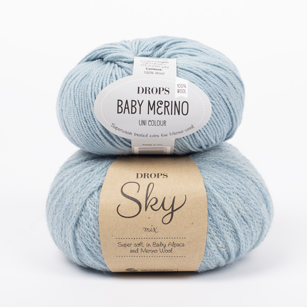 Swatch of DROPS Baby Merino 43, ljós sægrænn 
											+ DROPS Sky 15, vatnsblár