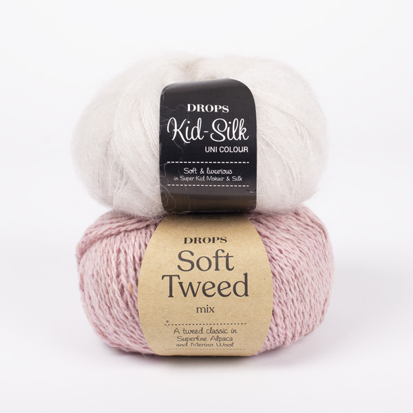 Swatch of DROPS Kid-Silk 38, krít 
											+ DROPS Soft Tweed 12, jarðaberjarjómi